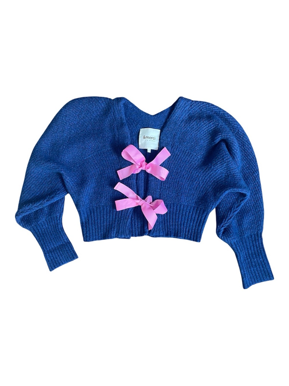 En Merci Navy Cardigan Sweater With Pink Grosgrain Ribbon Ties